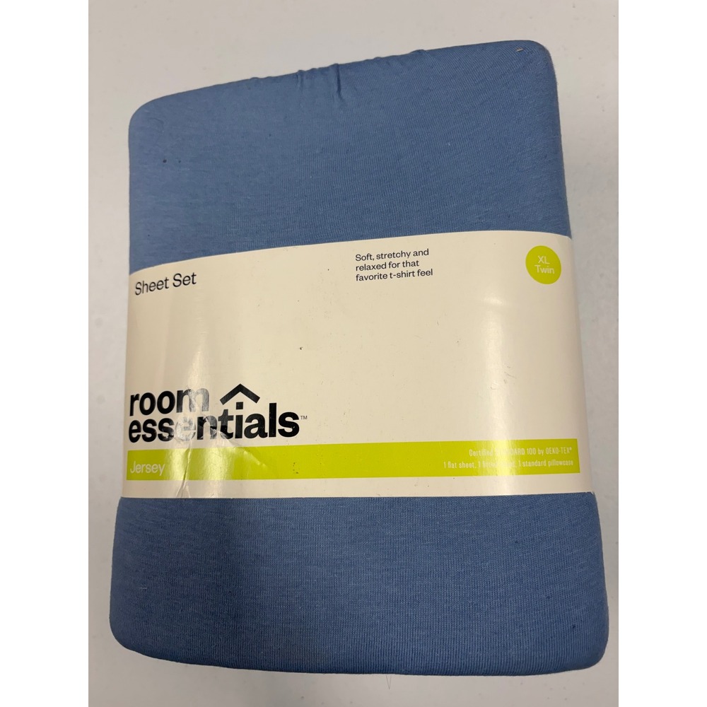 Room Essentials XL Twin Jersey Sheet Set Blue Soft T-Shirt Feel 3 Piece New